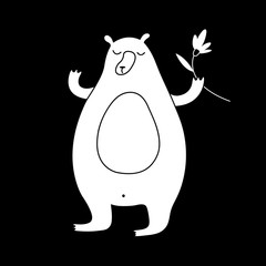 Cute cartoon spring bear drawing with sweet bear holding a flower. Funny vector black and white spring bear drawing. Isolated monochrome spring bear drawing on black background.