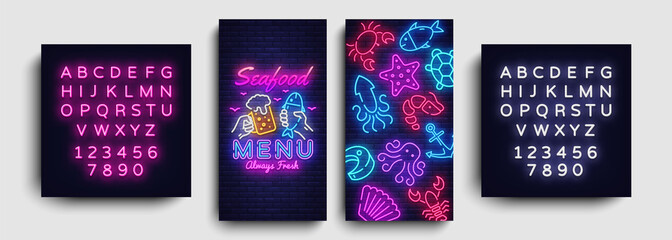 Seafood menu neon banner vector. Seafood Restaurant neon signboard. Marine food banner, flyer design, design template. Delicious cuisine objects. Vector Illustration. Editing text neon sign