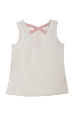 Sleeveless shirt isolated. Beige child girl shirt or t-shirt with pink ribbons on the back isolated on a white background. Kids fashion.