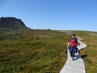 Wanderer auf dem Weg zum Aufstieg - Craddle Mountain Tasmanien