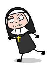 Running with Aggression - Cartoon Nun Lady Vector Illustration﻿