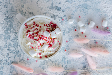 Cappuccino, mocachino, latte coffee with whipped cream. Top view