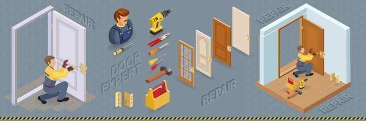 Door installing service. Isometric concept. Worker, equipment.