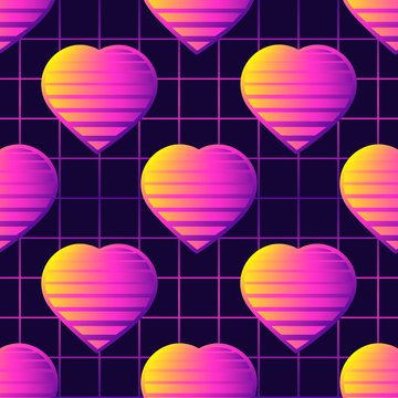 Neon retrowave 80s sunset style seamless pattern with heart symbols. Futuristic digital vector wallpaper. Vaporwave, cyberpunk aesthetics. 