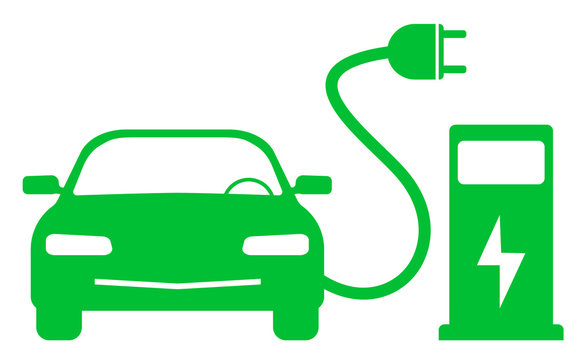 green electric car and charging station symbol