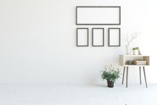 Mock up of white minimalist empty room. Scandinavian interior design. 3D illustration