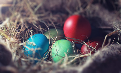 Easter painted eggs on burlap