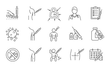 Vaccination and immunization linear icons set