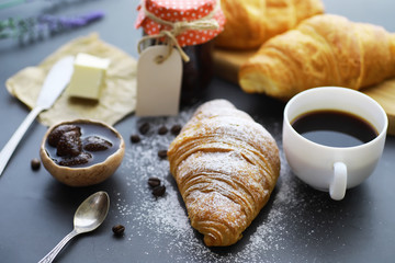 Fresh pastries on the table. French flavored croissant.