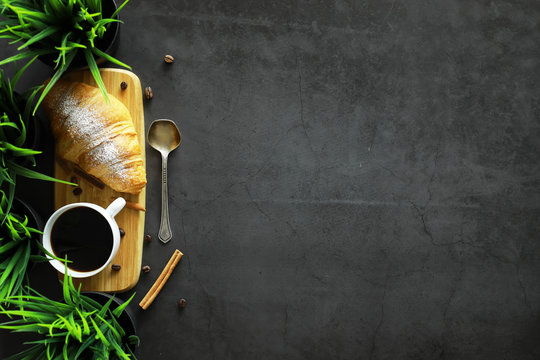 Fresh pastries on the table. French flavored croissant.