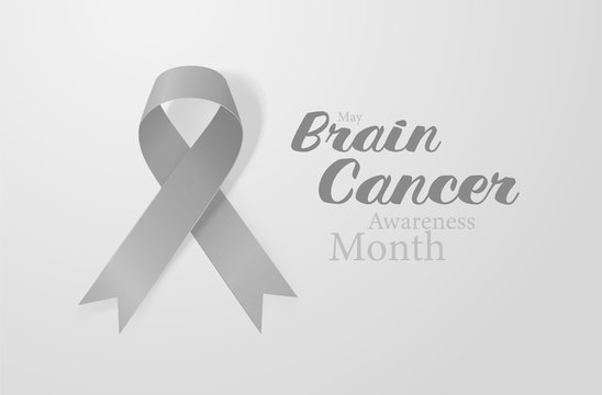 Brain Cancer Awareness Calligraphy Poster Design. Realistic Grey Ribbon. May is Cancer Awareness Month. Vector