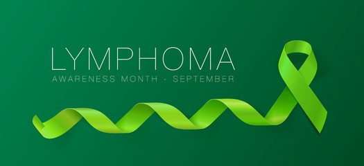 Lymphoma Awareness Calligraphy Poster Design. Realistic Lime Green Ribbon. September is Cancer Awareness Month. Vector