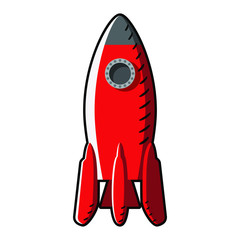 Red rocket with a black outline in cartoon style white background. Sign, symbol, icon. Vector illustration.