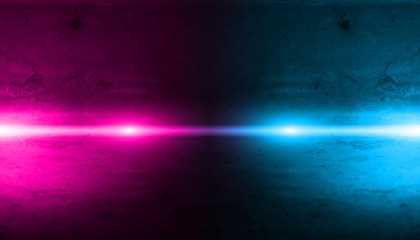 Empty background scene. Dark street, a reflection of blue and pink neon light on wet pavement. Rays of light in the dark, smoke. Night view of the street, the city. Abstract dark background.