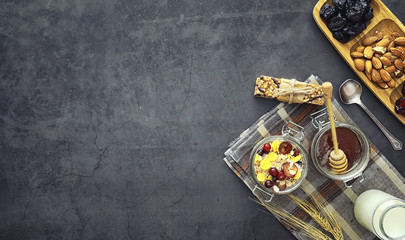 Healthy breakfast. Muesli from cereals with milk berries.