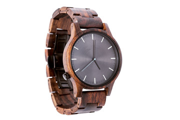 Wristwatches from dark brown wood and black aluminum dial, accessory made from eco materials...