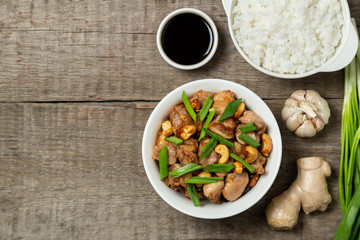 Chicken Kung PAO. The view from the top. Copy-space.    