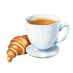 Hand drawn watercolor cup of tea with croissant isolated on white background. Food illustration.
