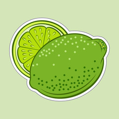 Illustration of Colorful Juicy Stylized Whole and Half Lime. Icon for Food Apps and Stickers Isolated on a Green Background