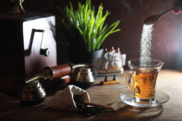 Brewing tea on a wooden table
