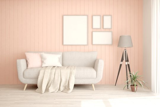 Mock up of pink stylish minimalist room with sofa. Scandinavian interior design. 3D illustration