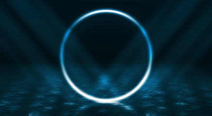 Background of empty street, room. Background of empty scene at night. Concrete coating. Reflection on wet pavement of neon lights. Neon blue lines. Dark abstract background.