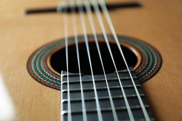 Beautiful six - string classic guitar as background, closeup