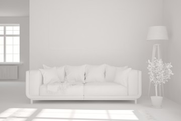 Stylish minimalist room with sofa in white color. Scandinavian interior design. 3D illustration