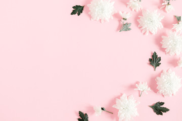 Beautiful flowers composition. White flowers on pastel pink background. Valentines Day, Easter, Happy Women's Day, Mother's day. Flat lay, top view, copy space
