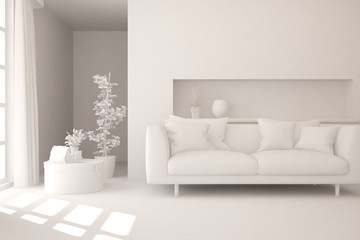Stylish minimalist room with sofa in white color. Scandinavian interior design. 3D illustration