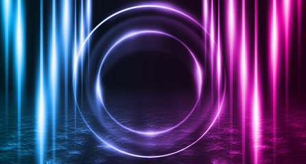 Empty background scene. Dark street, a reflection of blue and pink neon light on wet pavement. Rays of light in the dark, smoke. Night view of the street, the city. Abstract dark background.