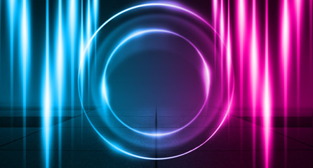 Empty background scene. Dark street, a reflection of blue and pink neon light on wet pavement. Rays of light in the dark, smoke. Night view of the street, the city. Abstract dark background.