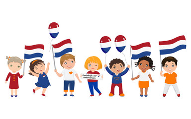 Dutch children hold flags. Vector illustration. Modern design template
