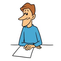 Young male positive student sitting table paper documen lecture exam character cartoon illustration 