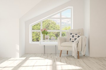Obraz na płótnie Canvas Idea of white stylish minimalist room with armchair and summer landscape in window. Scandinavian interior design. 3D illustration