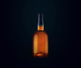 Full whiskey bottle on dark background. Product packaging brand design. Mock up drink with place for you lable and text. Old and tasty scotch whisky against lit background.