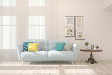 White stylish minimalist room with sofa. Scandinavian interior design. 3D illustration