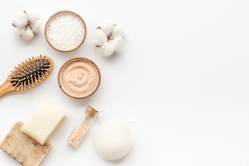 Spa set with eco materials for organic treatment on white background top view space for text