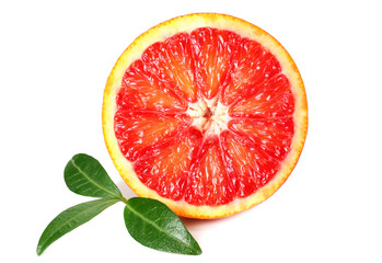Slice of red blood orange with leaf isolated on white background