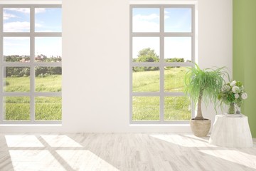 White stylish empty room with summer landscape in window. Scandinavian interior design. 3D illustration
