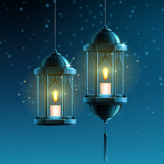 Glowing fanous or vintage fanoos, hanging islam lantern or antique arab light with candle at night. Background symbol or object for ramadan kareem or eid mubarak. Eastern or muslim holiday theme © Sensvector