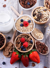 Bowls with different sorts of breakfast cereal products