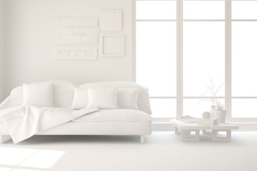 Stylish minimalist room with sofa in white color. Scandinavian interior design. 3D illustration