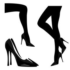 woman wearing high heeled pump shoes black and white vector silhouette design set