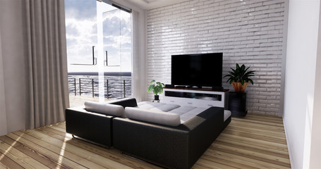 Fototapeta premium Sea view living room in modern beach summer home. 3D rendering