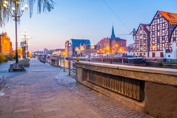 Bydgoszcz old town at amazing sunrise with reflection in Brda river. Bydgoszcz. Poland