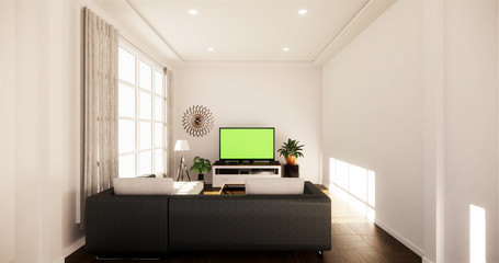 Smart Tv Mockup with blank black screen hanging on the cabinet decor, modern living room zen style. 3d rendering
