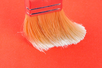painter brush with white bristles is pressed over a red background