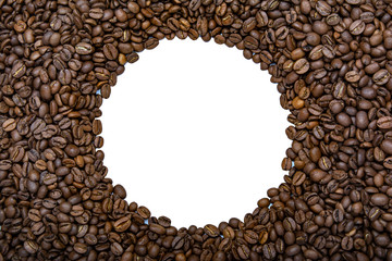 Circle coffee beans frame with copy space for text, isolated on white background. Top view