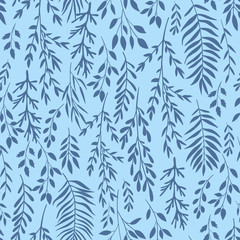 seamless botanical pattern, dark blue branches silhouettes on blue, vector background